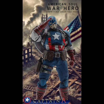 Action figure of a 'War Hero' with American flag theme on a war-torn background War Hero "American Soul" (JM003) 1/12 Scale Collectible Action Figure by Joy Man Toys 