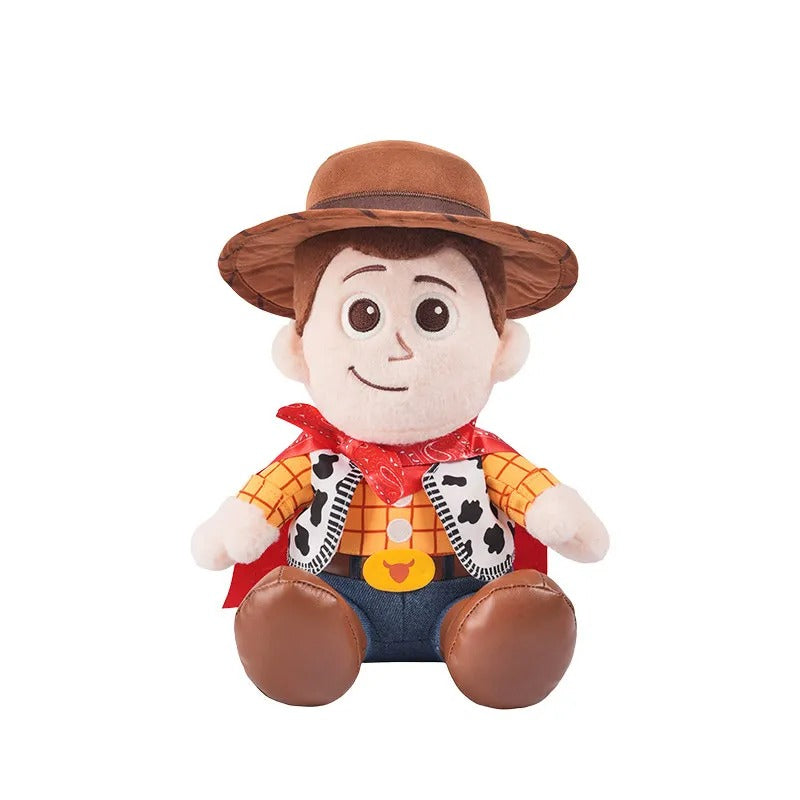 A Woody-style plush toy doll with a brown cowboy hat, red shirt, blue pants, and a red cape, shown against a plain white background. Official Toy Story & Playroom Friends Premium Cotton Plush Collection by Titantoons
