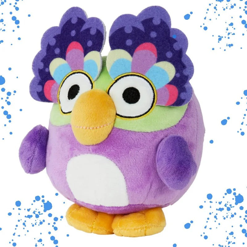 A purple plush bird toy with a yellow beak, white belly patch, yellow feet, and multicolored feather-like head details on a white background with blue paint splatter graphics. Official Bluey Chattermax Premium Cotton Plush by Titantoons