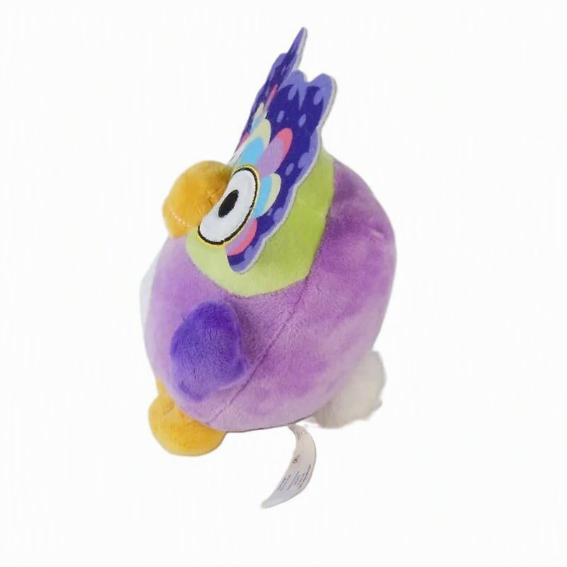 A purple plush bird toy with a yellow beak, a green neck patch, and a colorful purple, blue, and pink crest on its head, shown against a plain white background. Official Bluey Chattermax Premium Cotton Plush by Titantoons