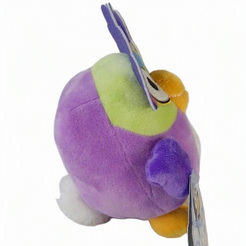 A plush toy shaped like a round bird or creature with a purple body, light green head, orange beak, white feet, and a purple ear, shown on a plain white background with a hangtag attached. Official Bluey Chattermax Premium Cotton Plush by Titantoons